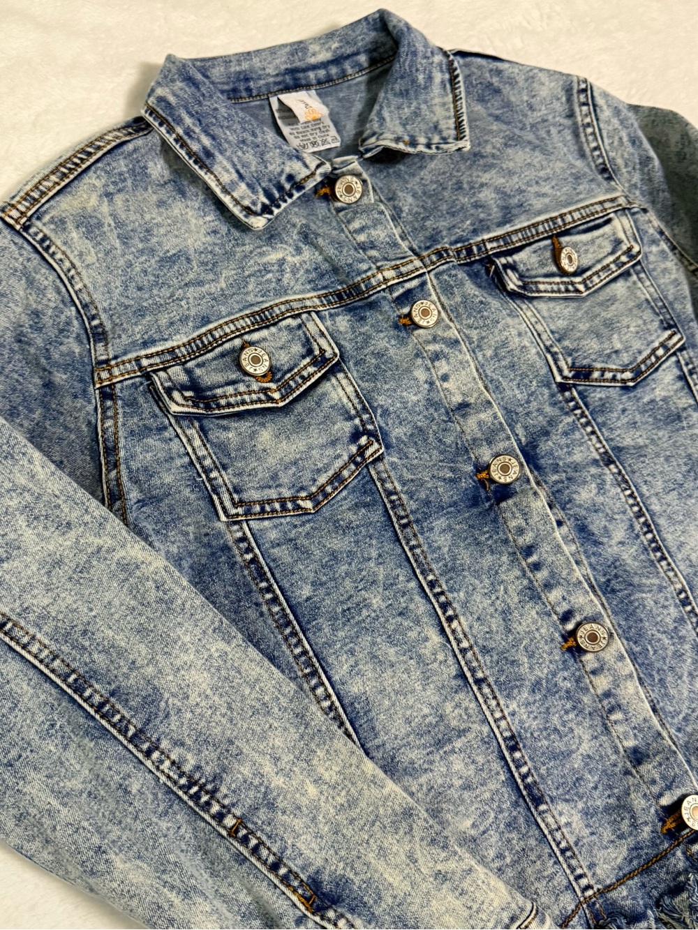 Girls Size 14 Acid Wash Denim Jacket Frayed Raw Hem Stretch Jean Jacket